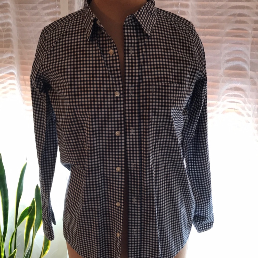 Boys navy & white Lands’ End small check bottom down shirt sz 14-16